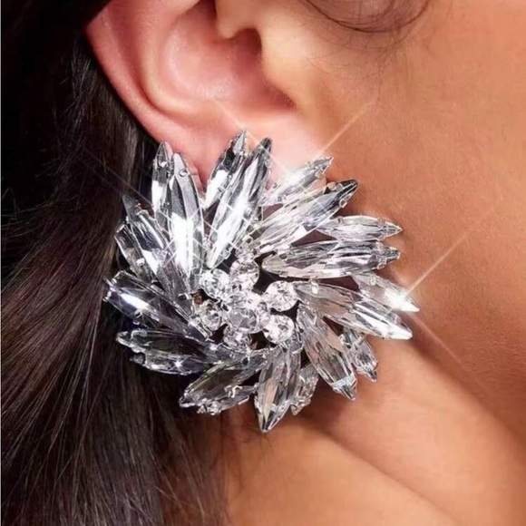 ✨NEW Oversized Elegant Silver Rhinestone faux diamond Crystal Statement Earrings - Picture 3 of 5